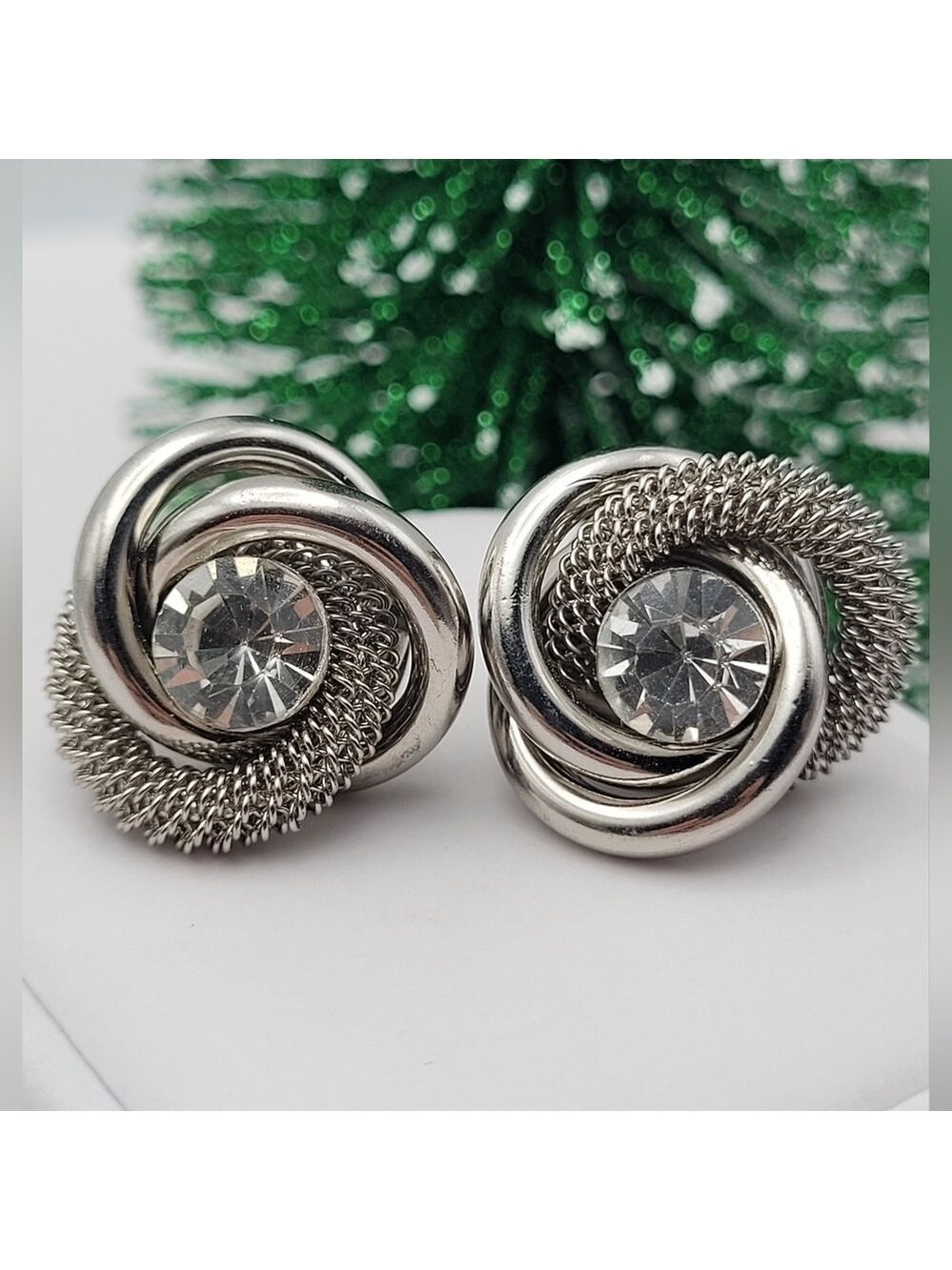 ✨2/$10✨ Twisted Silver Earrings Clear Crystal Round Oval Mesh - Picture 3 of 9